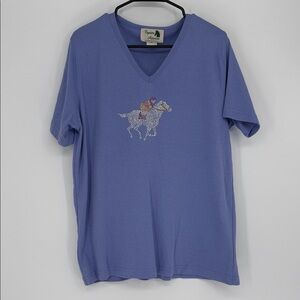 Equine Artwear Rhinestone Horse Tee Lavender Purple V Neck Equestrian Shirt XL